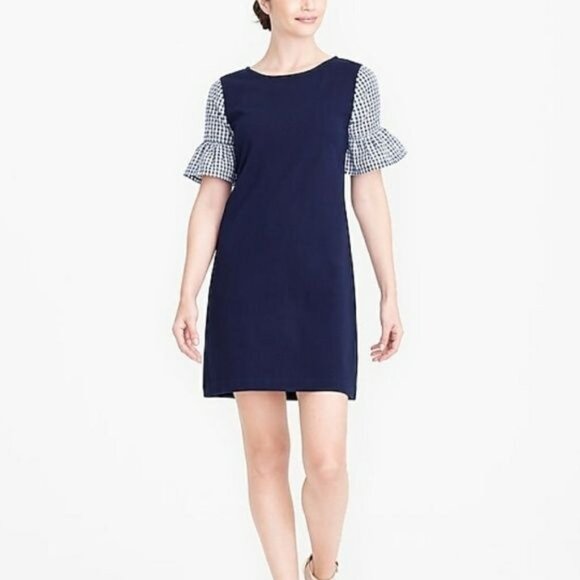 J. Crew Women's Shift Mini Dress Gingham Print Bell Sleeve Back Zip Navy Size M - Picture 1 of 14